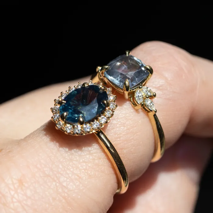 Anueva Jewelry Rings 224ct Untreated Montana Sapphire Cushion Cut Marquise Diamond Cluster Ring in 18k Yellow Gold