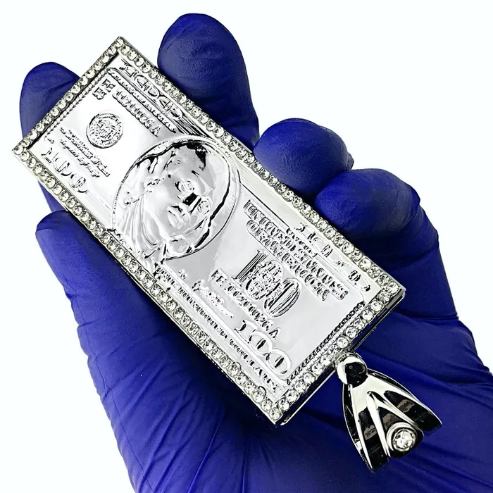 Bling Cartel Admin Silver Tone One Hundred Dollar Bill 100 Cash Pendant Necklaces