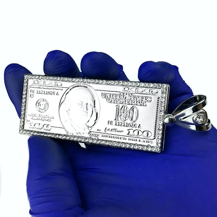 Bling Cartel Admin Silver Tone One Hundred Dollar Bill 100 Cash Pendant Necklaces
