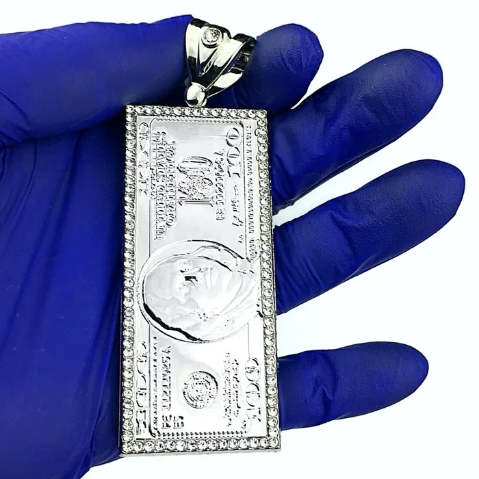 Bling Cartel Admin Silver Tone One Hundred Dollar Bill 100 Cash Pendant Necklaces