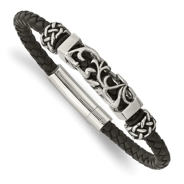 Bracelets Chisel Stainless Steel Black Leather wAntiqued Beads Bracelet