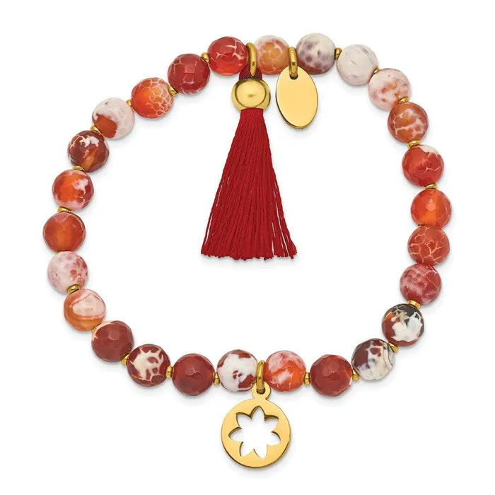 Bracelets Chisel Stainless Steel Polished Yellow IP Flower Orange Agate Stretch Bracelet