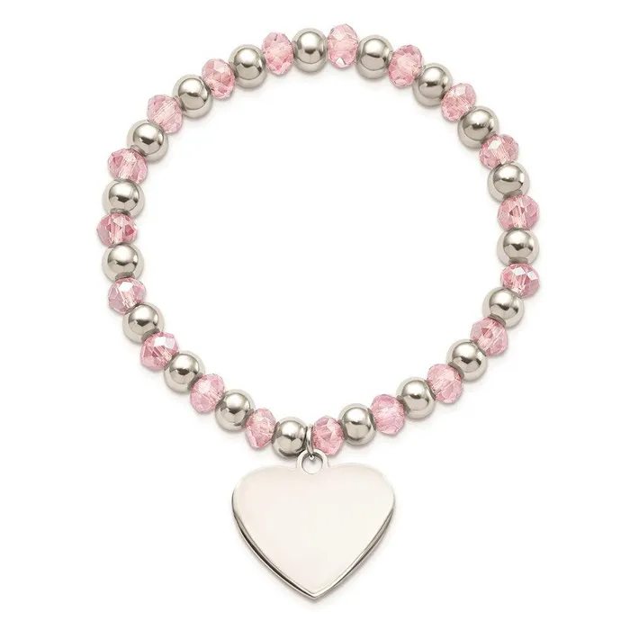 Chisel Bracelets Stainless Steel Polished wPink Glass Beads Heart Dangle Stretch Bracelet Chisel Bracelets Stainless Steel Polished wPink Glass Beads Heart Dangle Stretch Bracelet