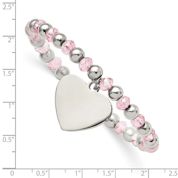 Chisel Bracelets Stainless Steel Polished wPink Glass Beads Heart Dangle Stretch Bracelet Chisel Bracelets Stainless Steel Polished wPink Glass Beads Heart Dangle Stretch Bracelet