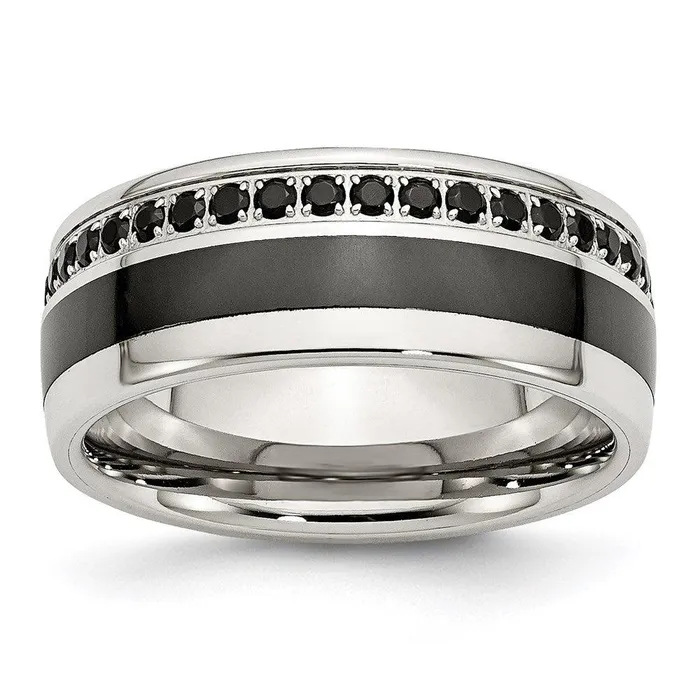 Chisel Rings Stainless Steel Polished Black Ceramic Inlay CZ 900mm Band