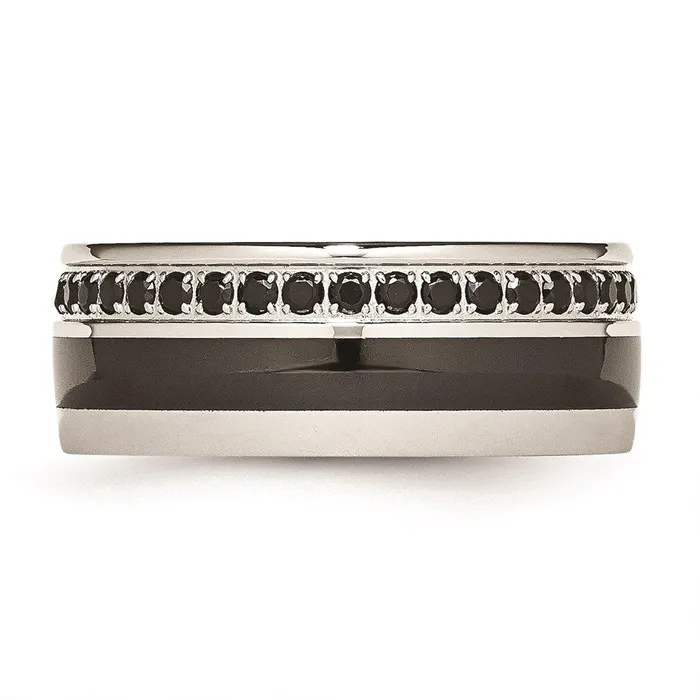 Chisel Rings Stainless Steel Polished Black Ceramic Inlay CZ 900mm Band Chisel Rings Stainless Steel Polished Black Ceramic Inlay CZ 900mm Band