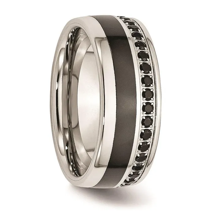 Chisel Rings Stainless Steel Polished Black Ceramic Inlay CZ 900mm Band Chisel Rings Stainless Steel Polished Black Ceramic Inlay CZ 900mm Band