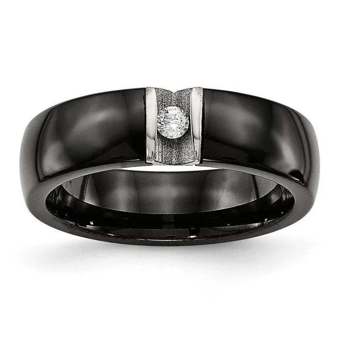 Chisel Rings Stainless Steel Polished Laser Cut Black Ceramic CZ Ring