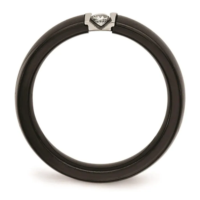 Chisel Rings Stainless Steel Polished Laser Cut Black Ceramic CZ Ring Chisel Rings Stainless Steel Polished Laser Cut Black Ceramic CZ Ring