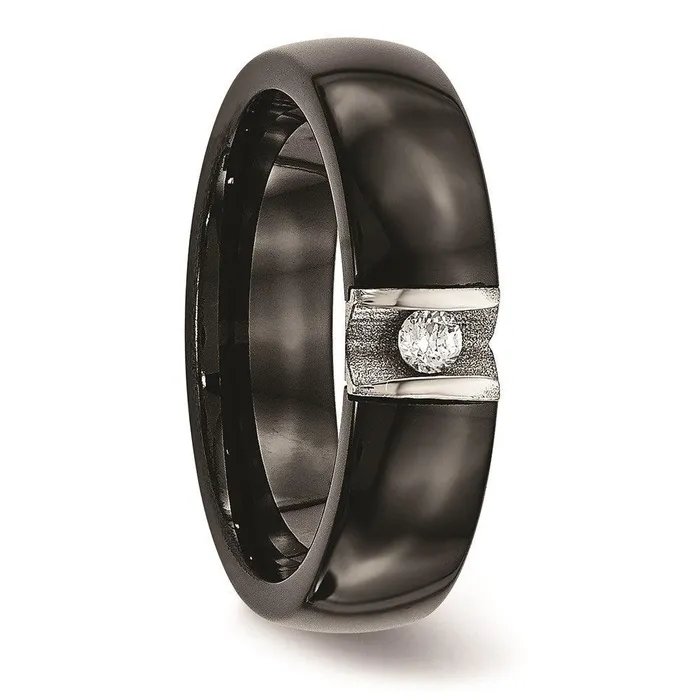 Chisel Rings Stainless Steel Polished Laser Cut Black Ceramic CZ Ring Chisel Rings Stainless Steel Polished Laser Cut Black Ceramic CZ Ring