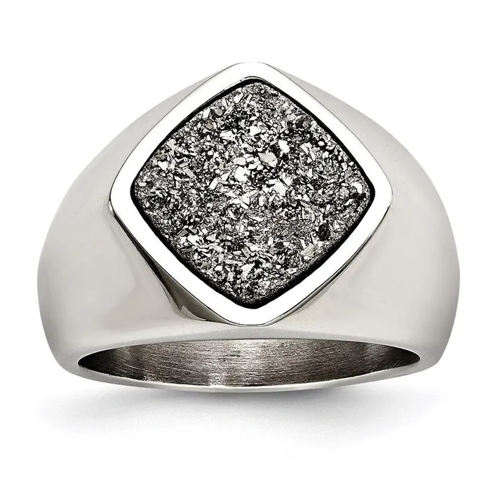 Chisel Rings Stainless Steel Polished with Silver Druzy Ring