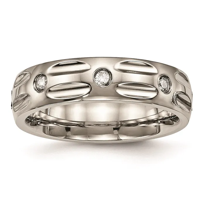 Chisel Rings Titanium Polished Grooved CZ Ring TB447