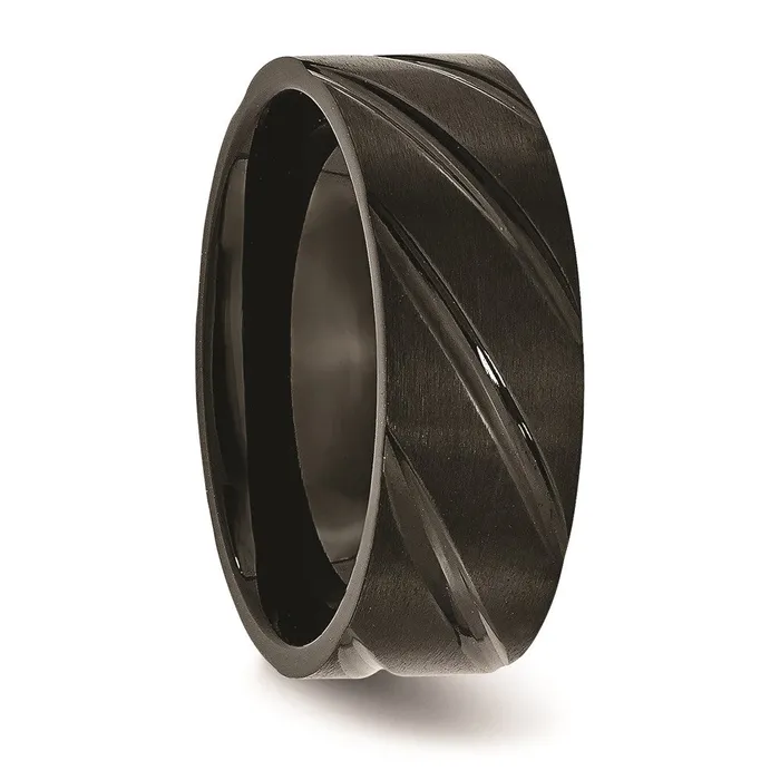 Chisel Rings Titanium Swirl Design Black IPplated 8mm BrushedPolished Band TB350 Chisel Rings Titanium Swirl Design Black IPplated 8mm BrushedPolished Band TB350