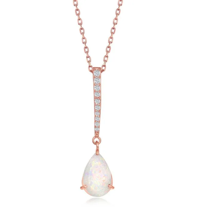 Classic Necklaces Sterling Silver Rose GP White Inlay with CZ Bar Pendant