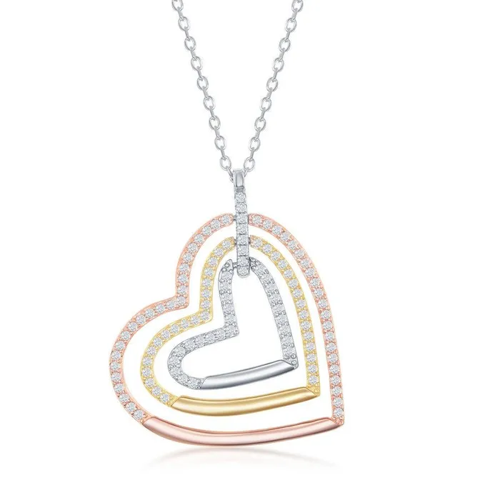 Classic Necklaces Sterling Silver Tri Color Triple Open CZ Heart Necklace