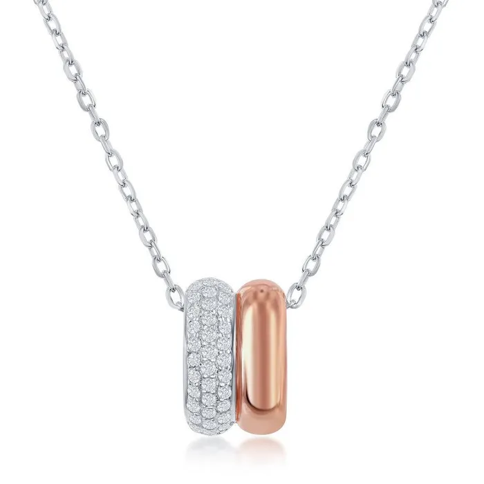Classic Necklaces Sterling Silver Two Tone Rose GP Micro Pave Double Oval Necklace Classic Necklaces Sterling Silver Two Tone Rose GP Micro Pave Double Oval Necklace