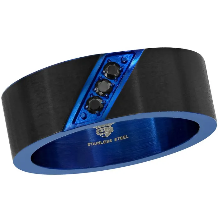 Classic Rings Mens Ring Black and Blue Stainless Steel with CZ Size 9 SW20849 Classic Rings Mens Ring Black and Blue Stainless Steel with CZ Size 9 SW20849