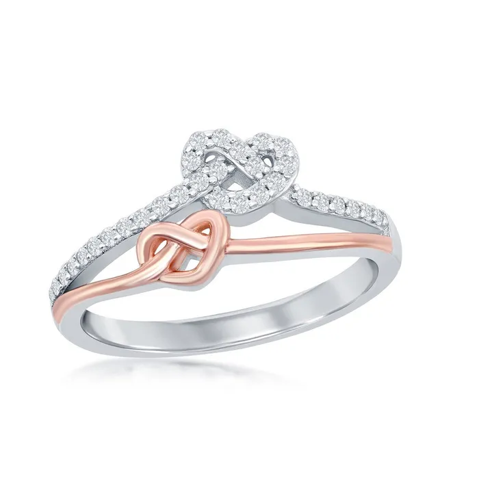 Classic Rings Sterling Silver TwoTone Rose Gold Plated Love Knot Heart Micro Pave Ring W2035