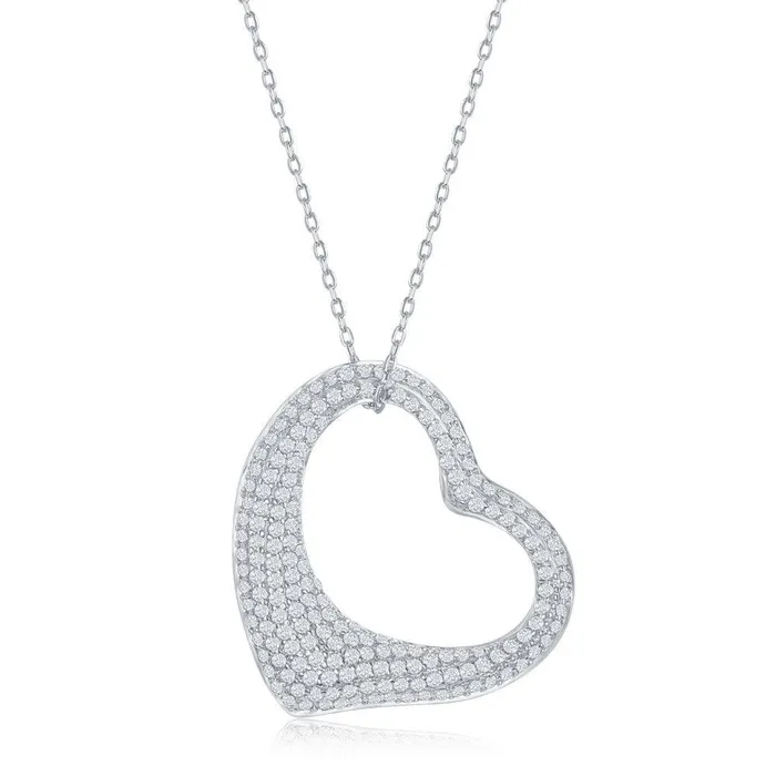 Necklaces Classic Sterling Silver Large Micro Pave Open Heart CZ Necklace