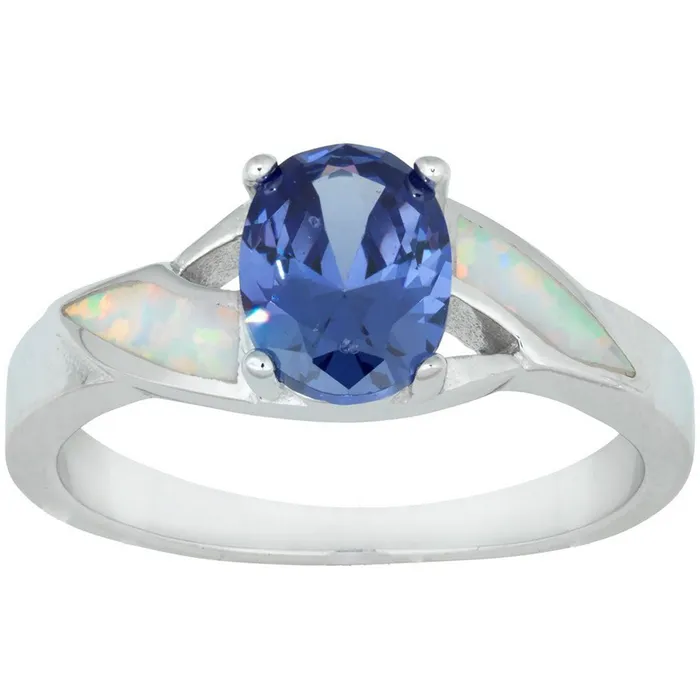 Opalata Womens White Opal with Blue Oval CZ Ring W1209 Classic Rings
