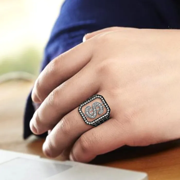 Rings Alamode TK3758 Two Tone IP Black Ion Plating Stainless Steel Ring with Top Grade Crystal in Clear