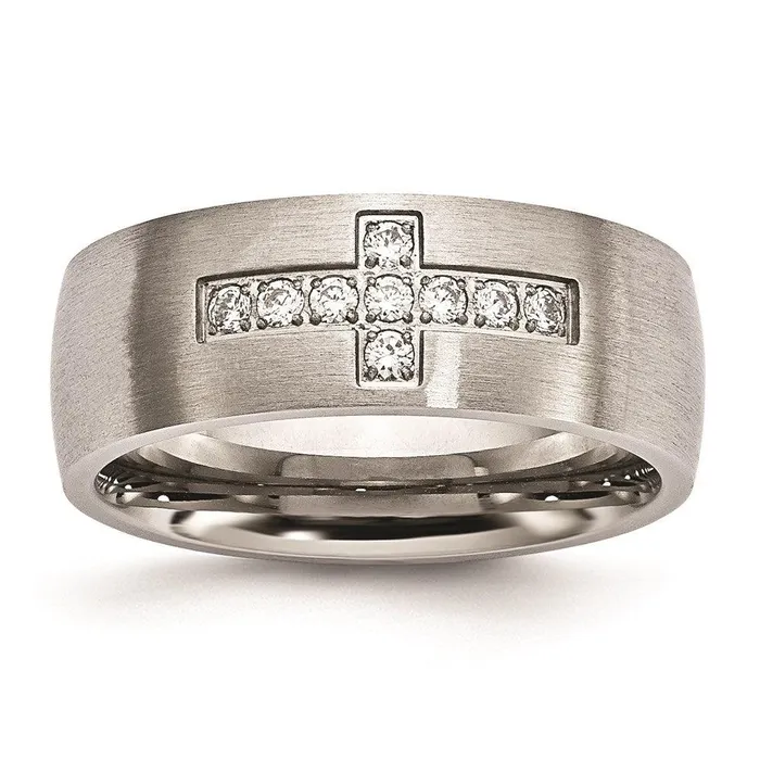 Rings Chisel Stainless Steel Brushed CZ Cross Ring