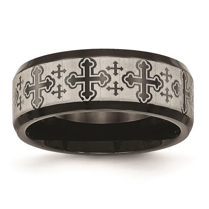 Rings Chisel Stainless Steel BrushedPolished Black IP Laser Etched Pattern Ring Rings Chisel Stainless Steel BrushedPolished Black IP Laser Etched Pattern Ring