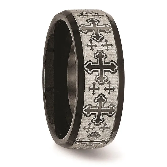 Rings Chisel Stainless Steel BrushedPolished Black IP Laser Etched Pattern Ring Rings Chisel Stainless Steel BrushedPolished Black IP Laser Etched Pattern Ring