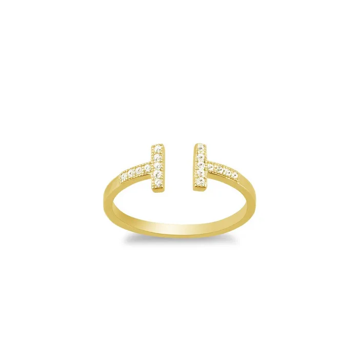 Rings Classic Sterling Silver Gold Plated CZ Double T Ring W1319
