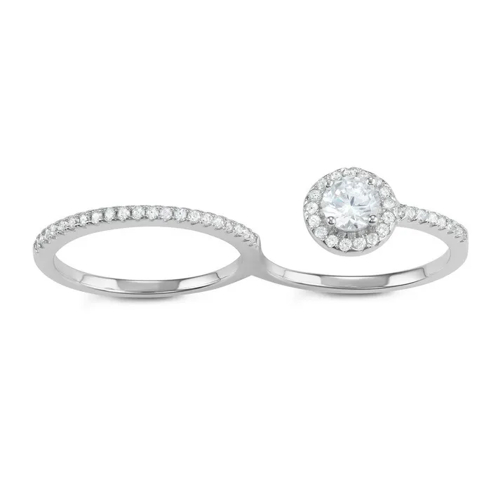 Rings Classic Sterling Silver Open Round Double Finger CZ Ring W1611
