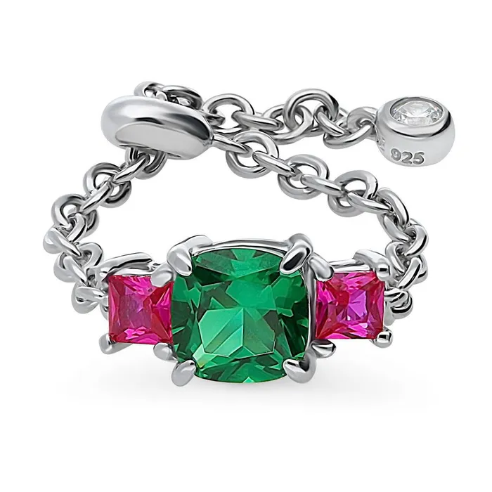 BERRICLE 3Stone Simulated Emerald CZ Chain Ring in Sterling Silver 125ct Rings