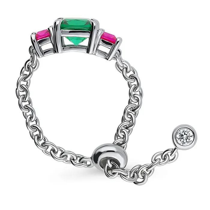 BERRICLE 3Stone Simulated Emerald CZ Chain Ring in Sterling Silver 125ct Rings