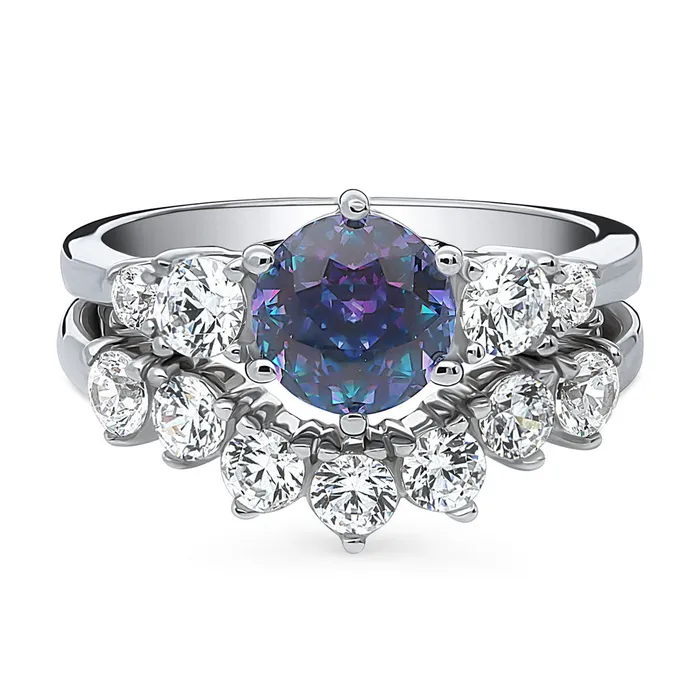 BERRICLE 7Stone Solitaire Purple Aqua CZ Ring Set in Sterling Silver Rings