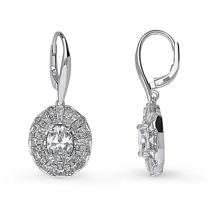 BERRICLE Earrings Halo Art Deco Oval CZ Leverback Earrings in Sterling Silver