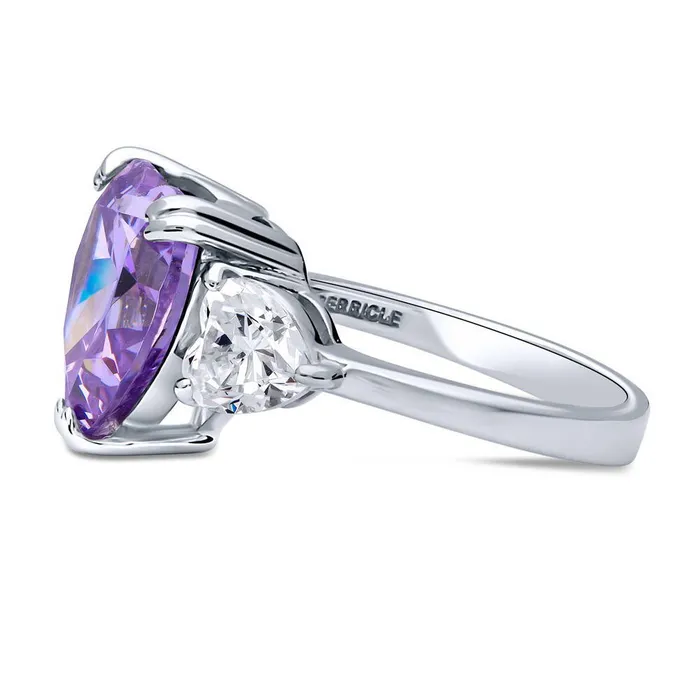 BERRICLE Rings 3Stone Heart Purple Heart CZ Ring in Sterling Silver 56ct