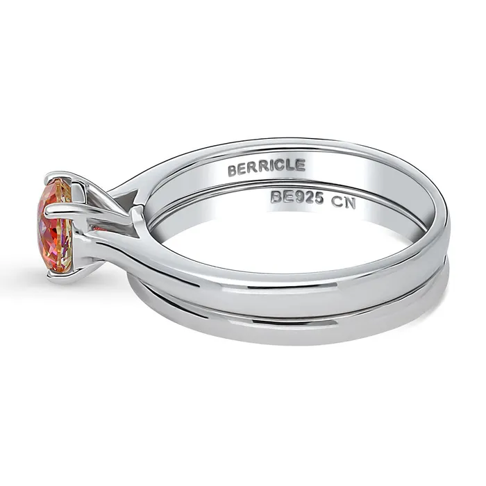 BERRICLE Rings Solitaire Kaleidoscope Red Orange CZ Ring Set in Sterling Silver