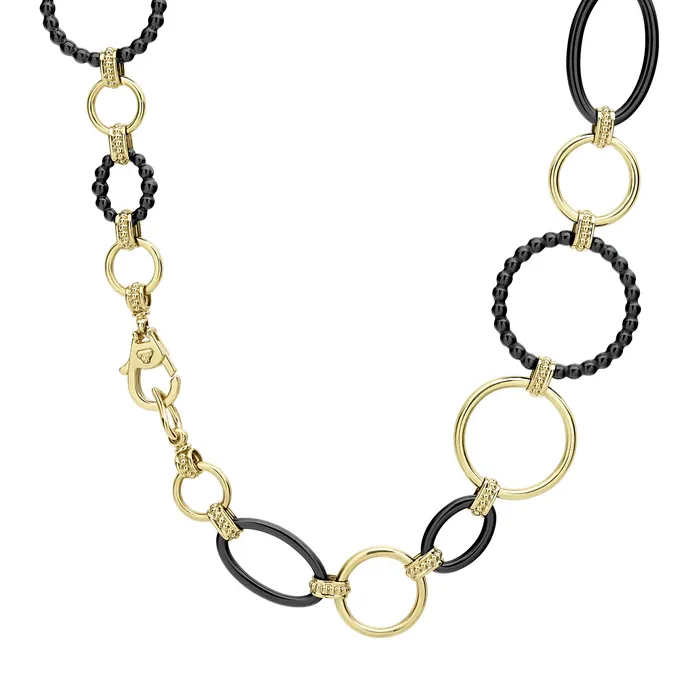 Lagos Necklaces Meridian 18K Gold and Black Ceramic Link Necklace 24mm