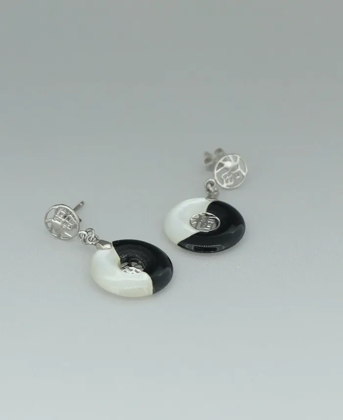 Buddha Groove Earrings Sterling Silver Yin Yang Earrings with Mother of Pearl and Black Onyx