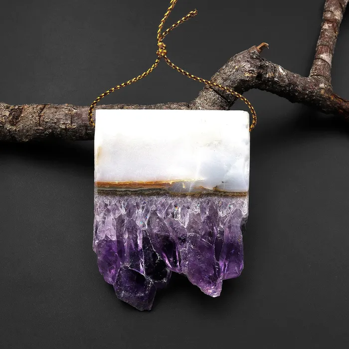 Intrinsic Trading Necklaces Natural White Purple Amethyst Stalactite Rectangle Pendant Flat Slice Side Drilled Freeform Crystal