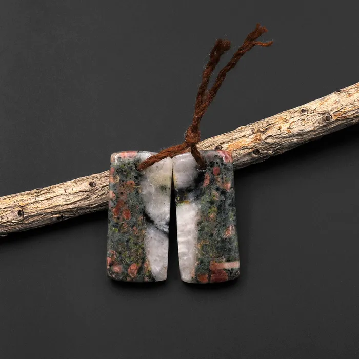 Natural Red Unakite Earring Pair Drilled Matched Short Rectangle Gemstone Beads Intrinsic Trading Earrings