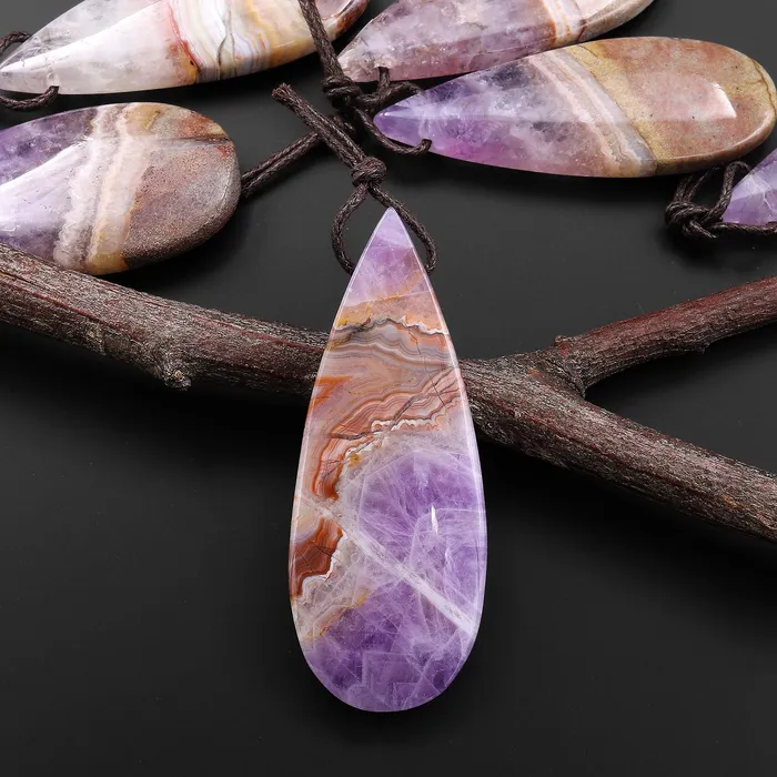 Necklaces Intrinsic Trading Hand Cut Natural Rainbow Amethyst Long Teardrop Side Drilled Gemstone Pendant