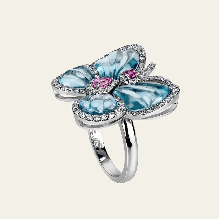 Papillon Ring Hand crafted in 18k white gold with blue topaz pink sapphires and brilliant white diamonds Rings