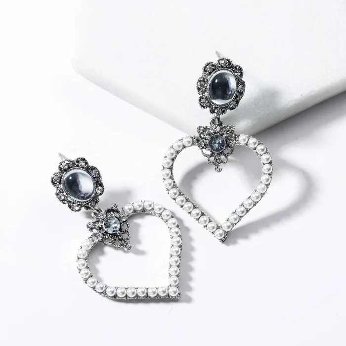 Refined by AnnaKaci Heart Shaped Pendent Dangle Earrings with Crystals and Pearls Earrings