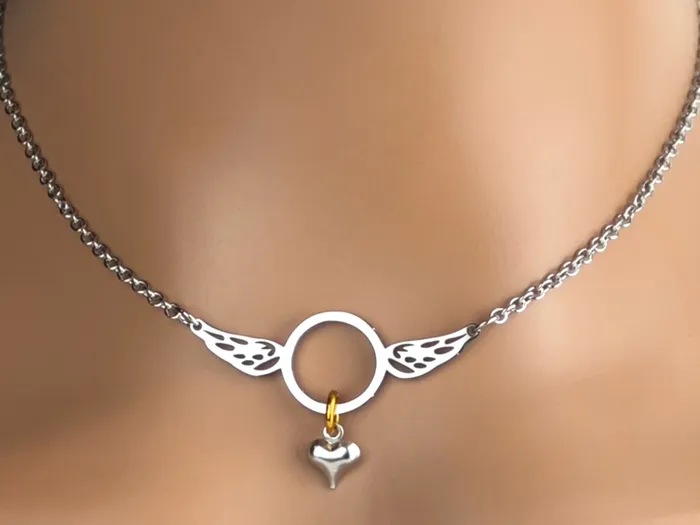 Submissive Day Collar Angel Wings Necklace Pick your color Locking Option 247 Wear Captive Collars Necklaces