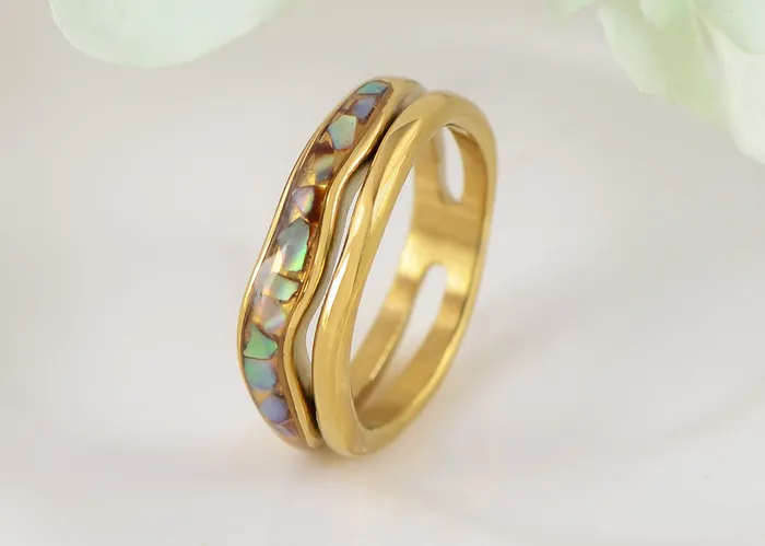 Alialng Golden Tone Titanium Steel Abalone Shell Inlay Promise Rings for Men Women Couples Wedding Band Double Layers ALILANGCOM Rings