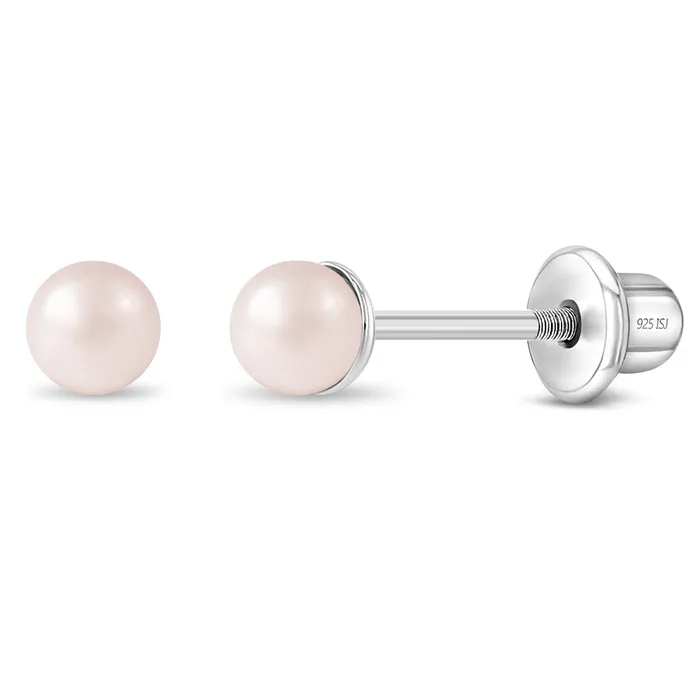Baby Screw Back Earrings Pink Tone Synthetic Pearls 35mm Baby Toddler Kids Earrings Screw Back Sterling Silver Earrings
