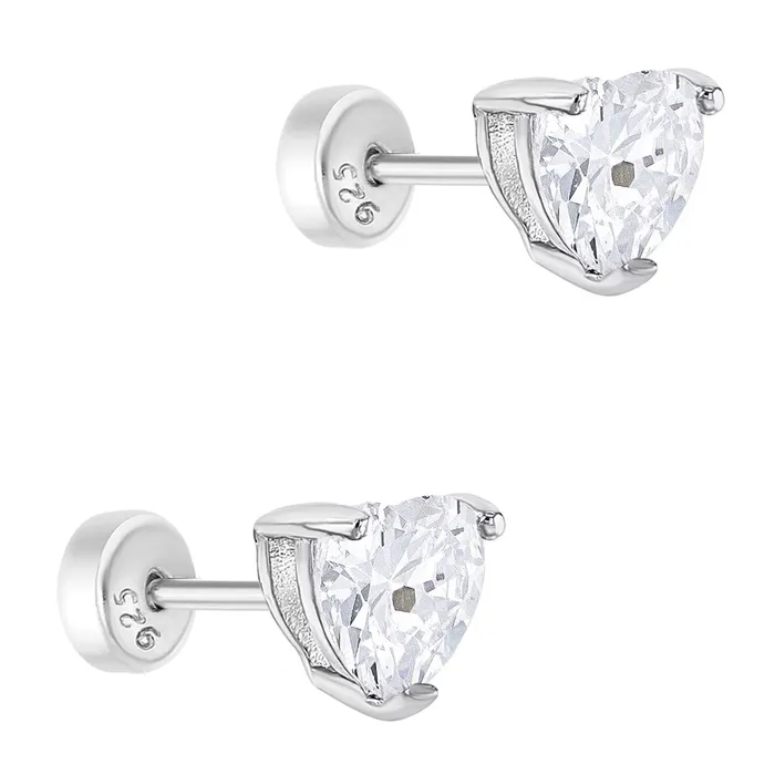Baby Stud Earrings Earrings Solitaire Heart Kids Childrens Girls Earrings Safety Push Back Sterling Silver