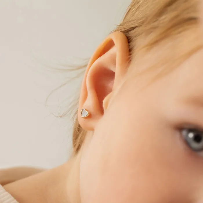 Earrings 14k Gold Mother of Pearl Heart Baby Toddler Kids Earrings Safety Screw Back Bezel Baby Screw Back Earrings