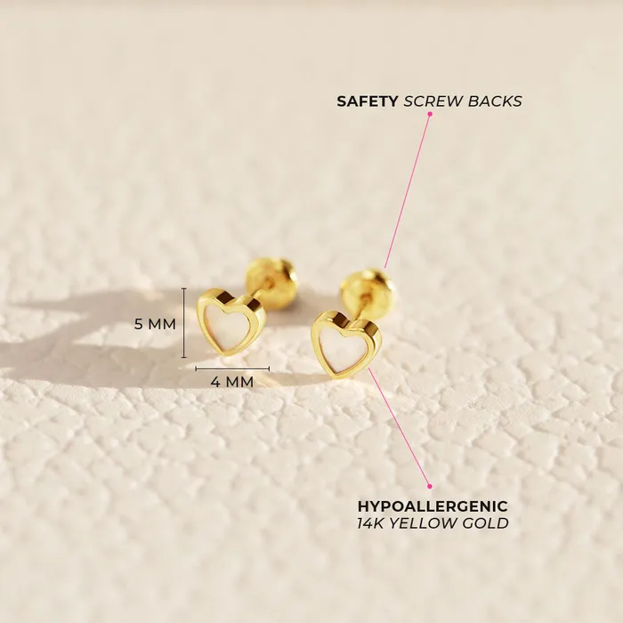 Earrings 14k Gold Mother of Pearl Heart Baby Toddler Kids Earrings Safety Screw Back Bezel Baby Screw Back Earrings