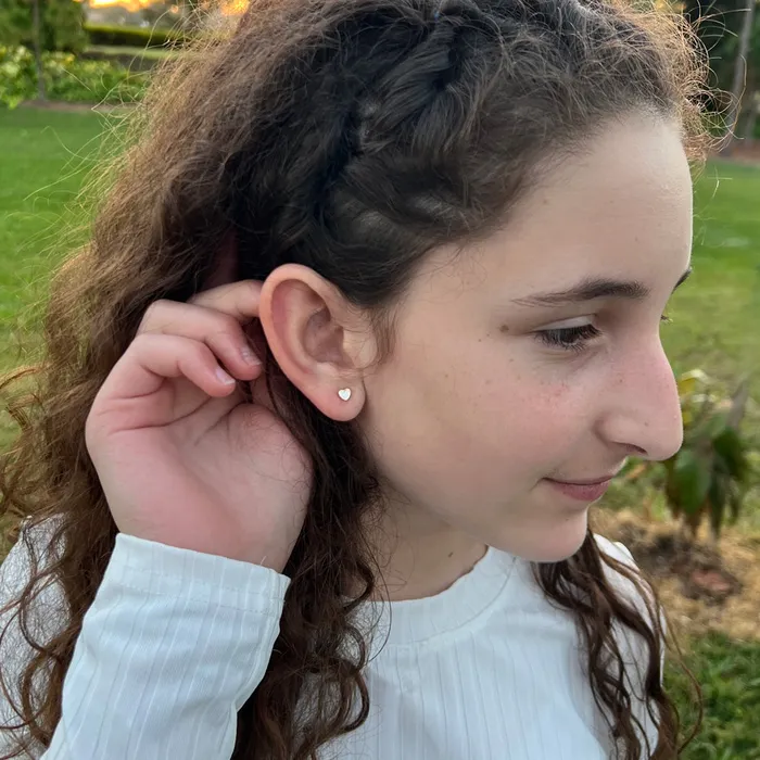 Earrings 14k Gold Mother of Pearl Heart Baby Toddler Kids Earrings Safety Screw Back Bezel Baby Screw Back Earrings